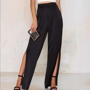 Nasty Gal Satin Palazzo Pants High Side Slit Black